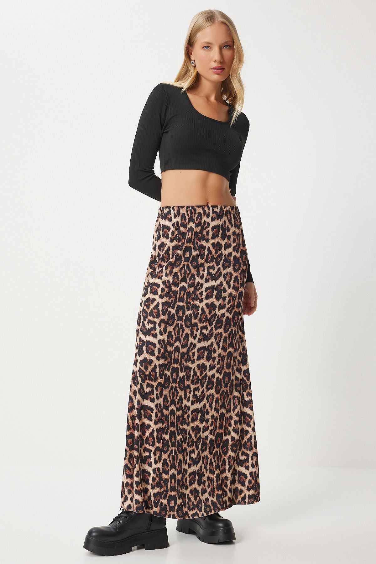 Women's black beige leopard patterned long weaving skirt RC00155