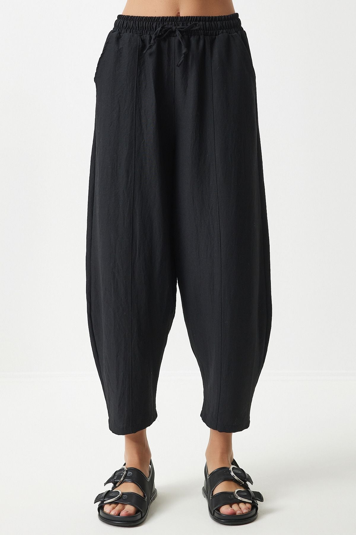 Female Black Pocket Linen Viscose Shalwar Pants CV00001