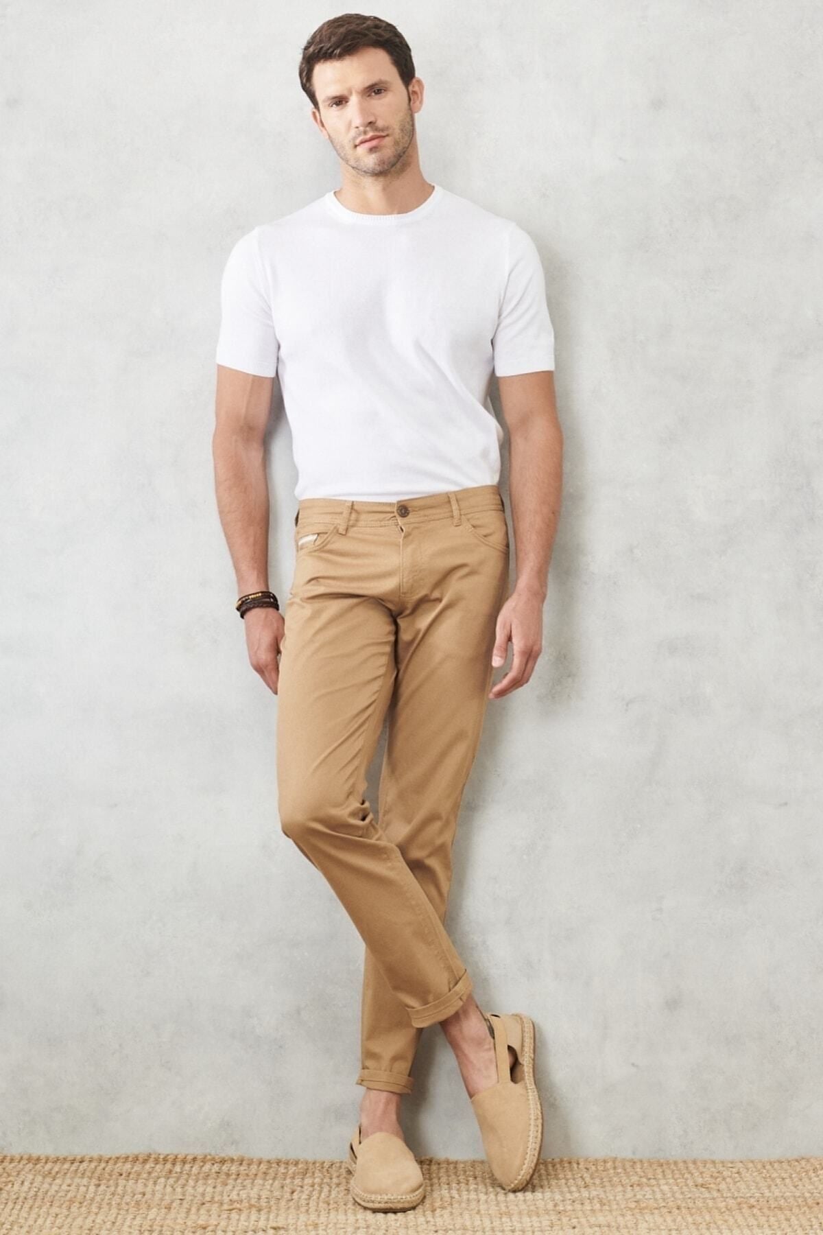 Men's Camel Slim Fit Narrow Cut 5 Pocket Flexible Chino Pants