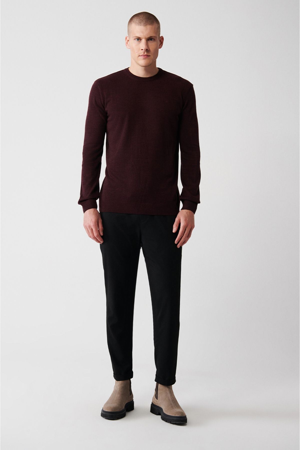 Men's burgundy bike collar hair -free knitwear sweater E005000