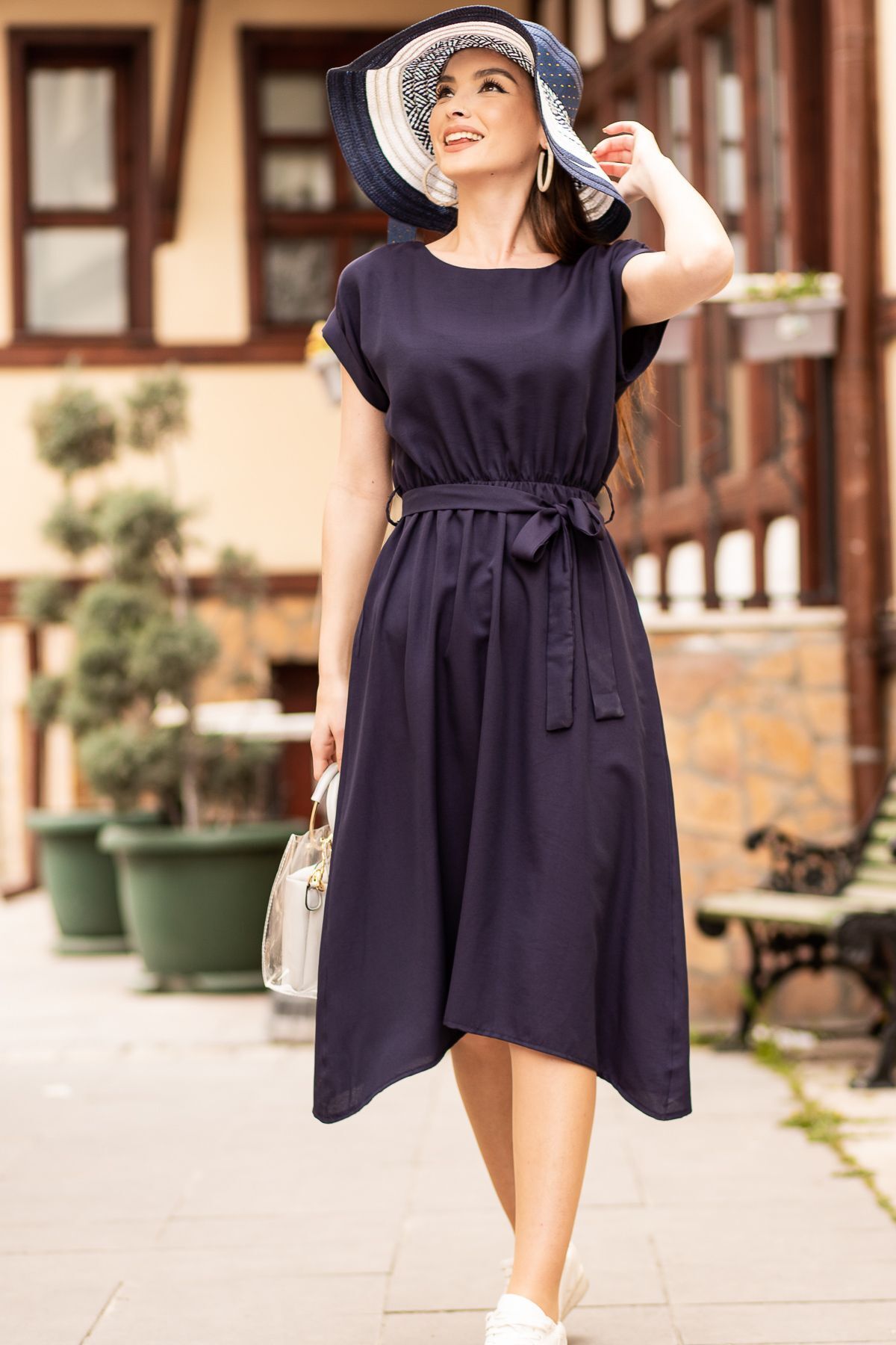 Woman Navy blue waist tire-tied dress ARM-18Y001120