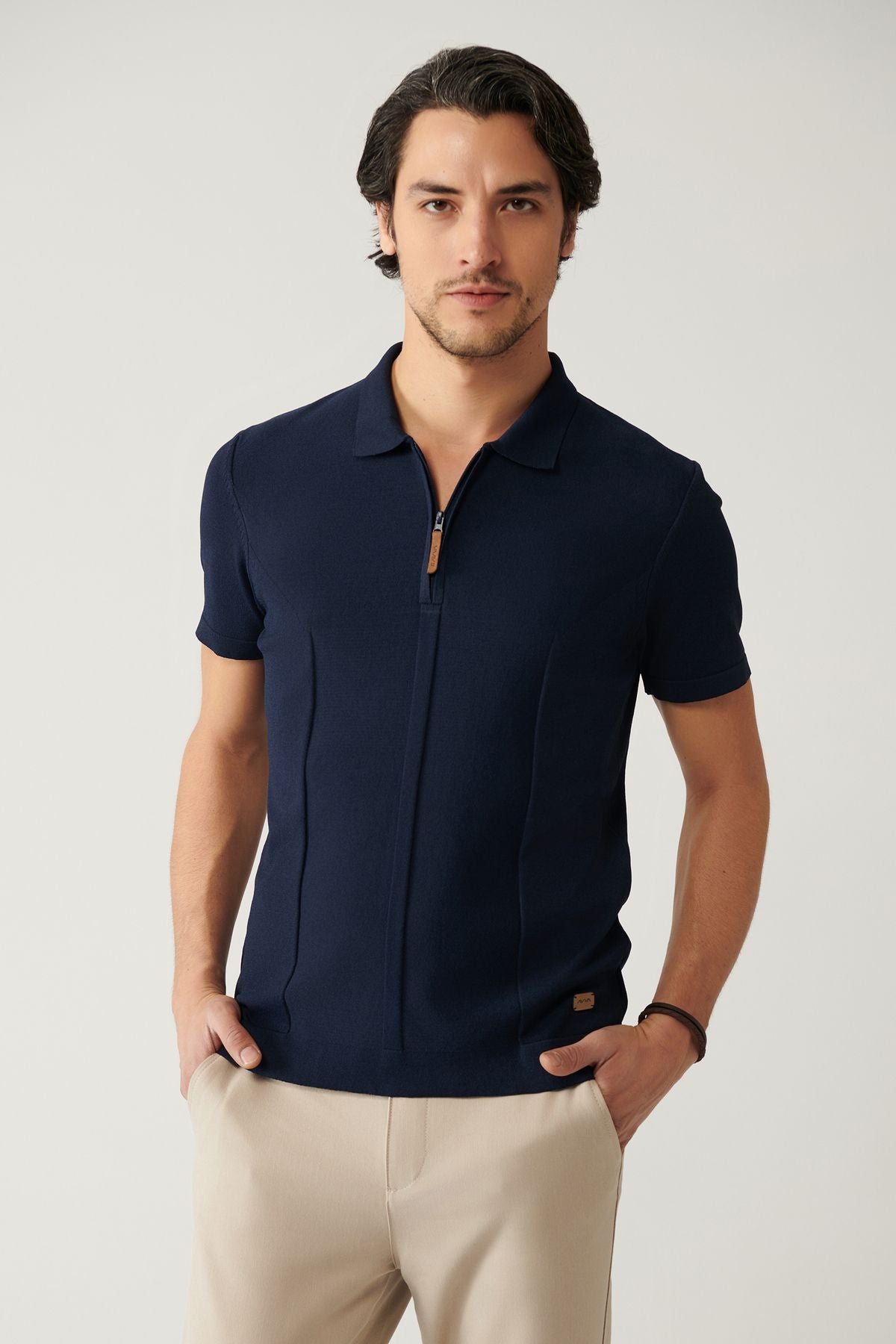 Men's navy blue zipper rayon Polo Yaka Triko T-shirt A41y5106