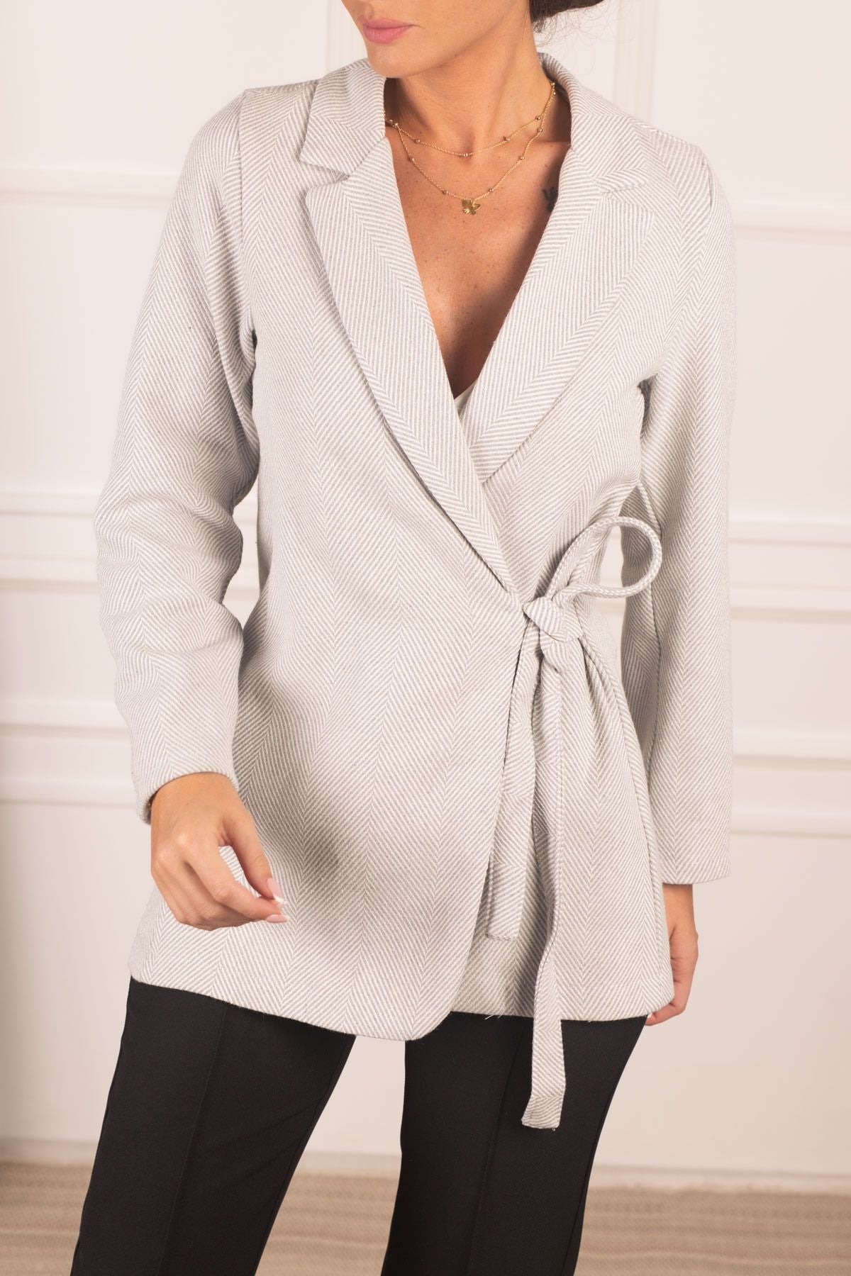 Women's Gray Side Fish Right Patterned Stamp Jacket ARM-24K001009