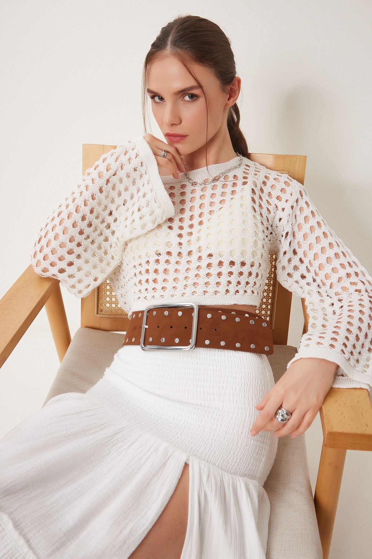 Women's Cream Spanish Arm Outline Crop knitwear blouse MC00295