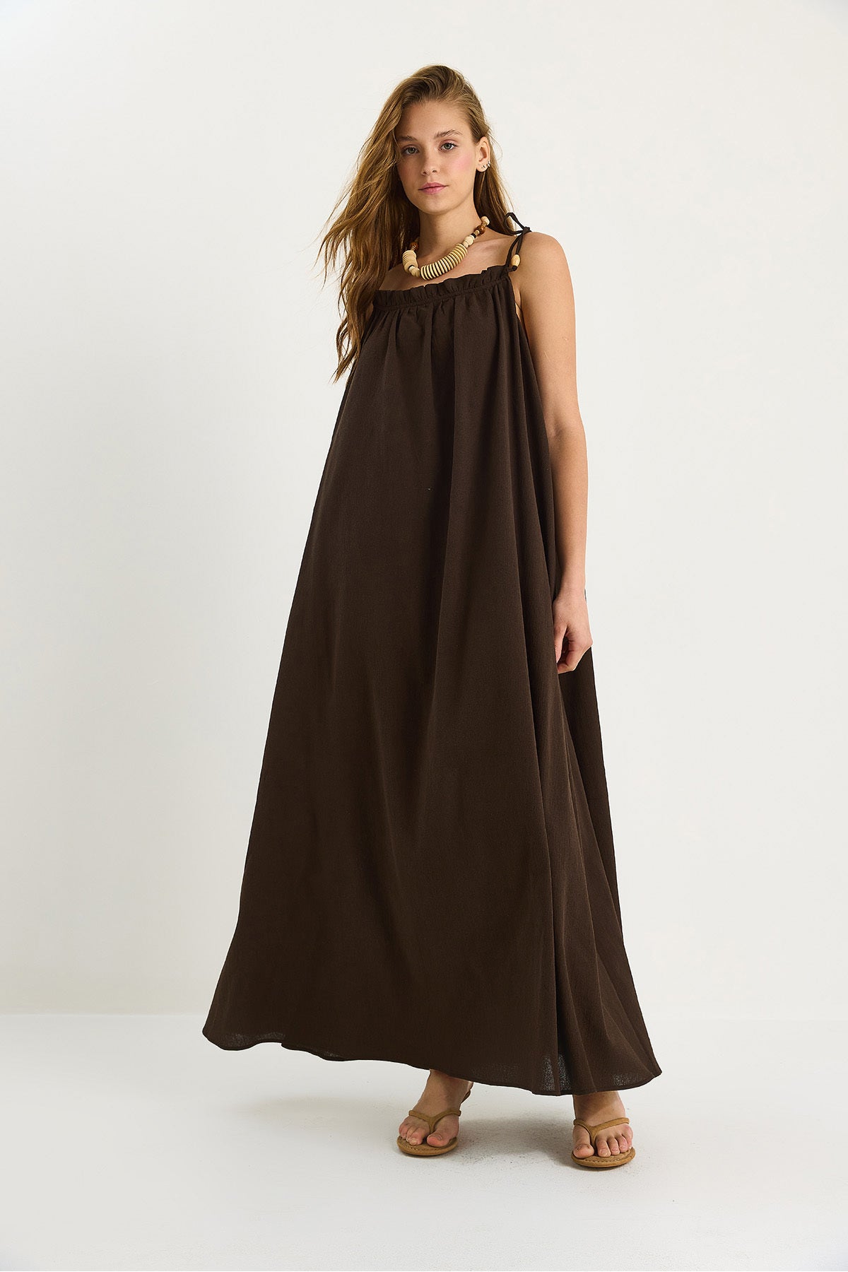 Women's Tie Strap Pocket Detailed Lined Long Crinkle Oversize Dress 5249 60281095