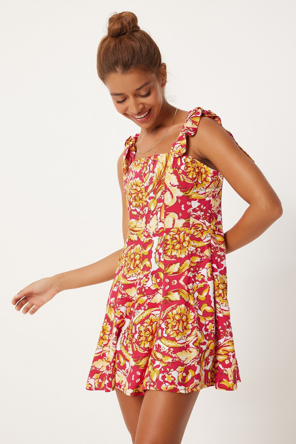 Woman Dark Pink Yellow Yellow Thick Hanger Patterned Summer Mini Viscose Dress FN03238
