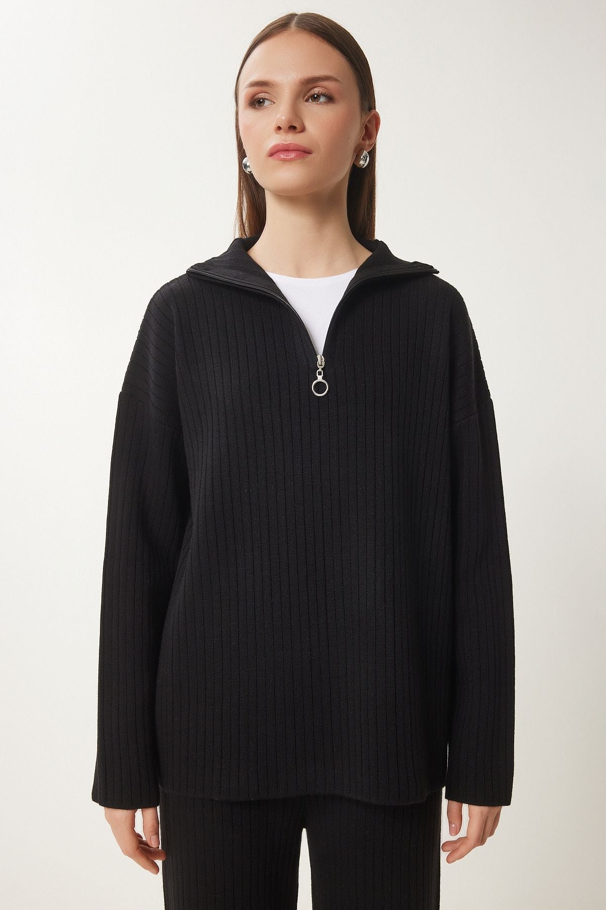 Female black zipper wick knitwear sweater pants set PF00105