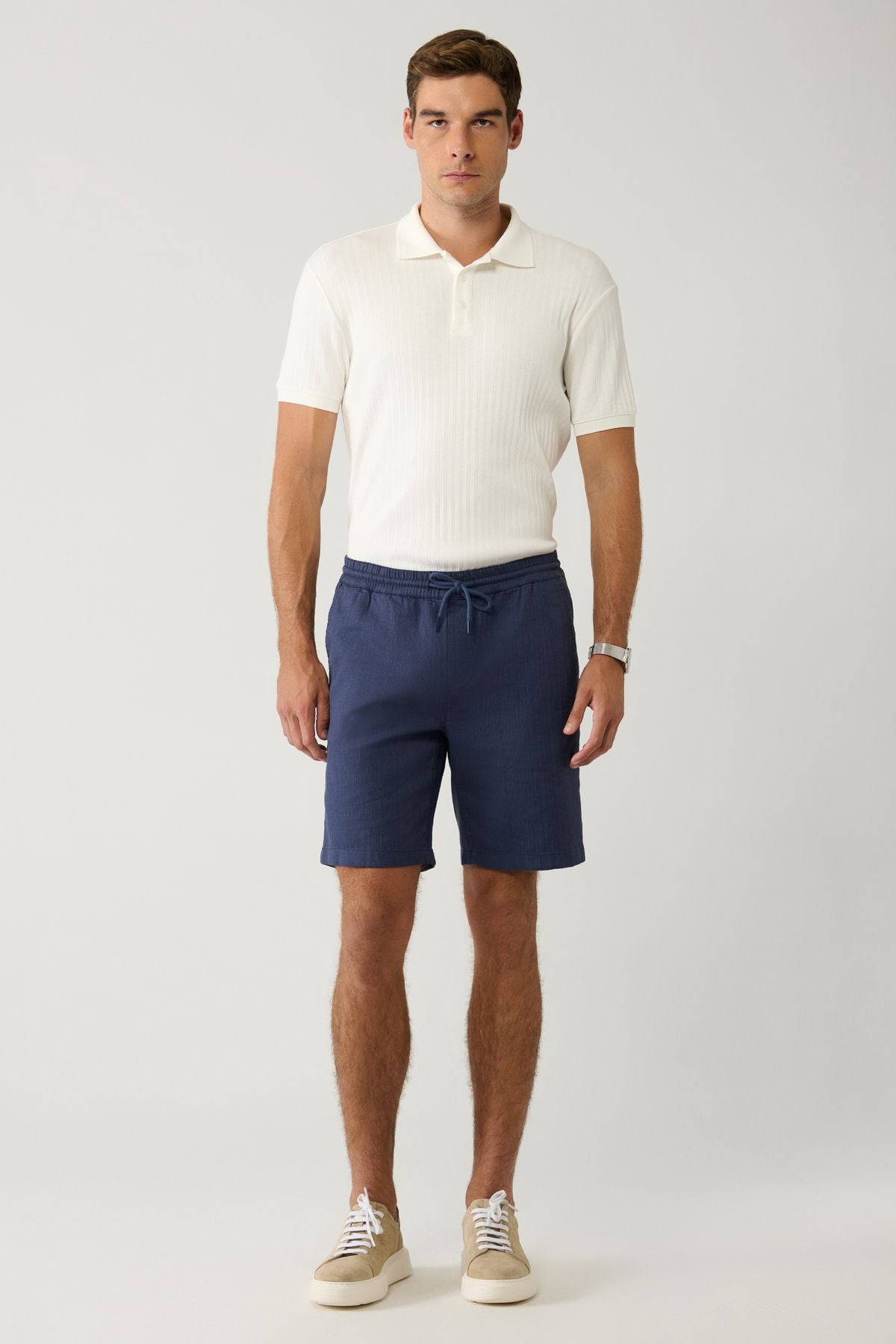 Men's Indigo 100 %Cotton Side Waist Waist Linen Textured Short E003603