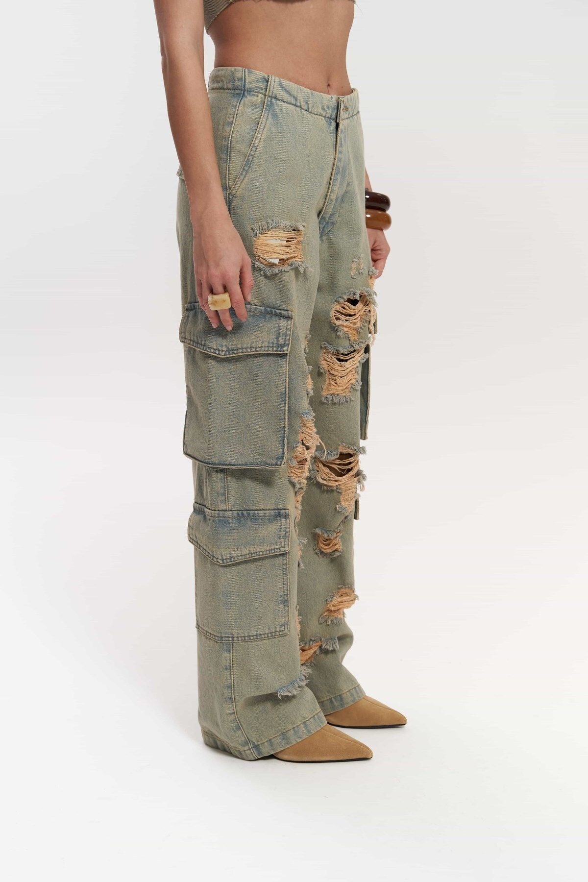 Dries Dirty Gray Torn Detail Cargo Jean Pants