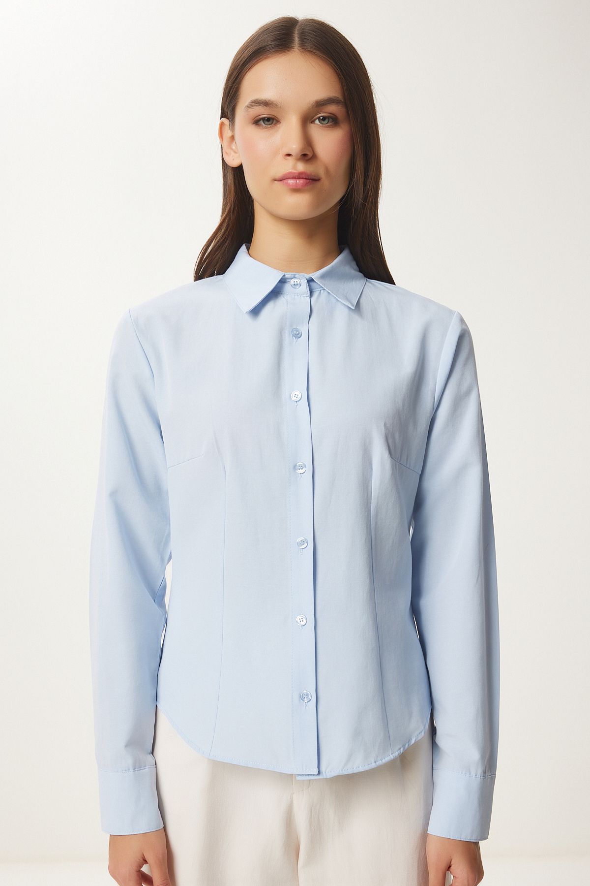 Woman Sky Blue Button Basic Shirt RQ00001