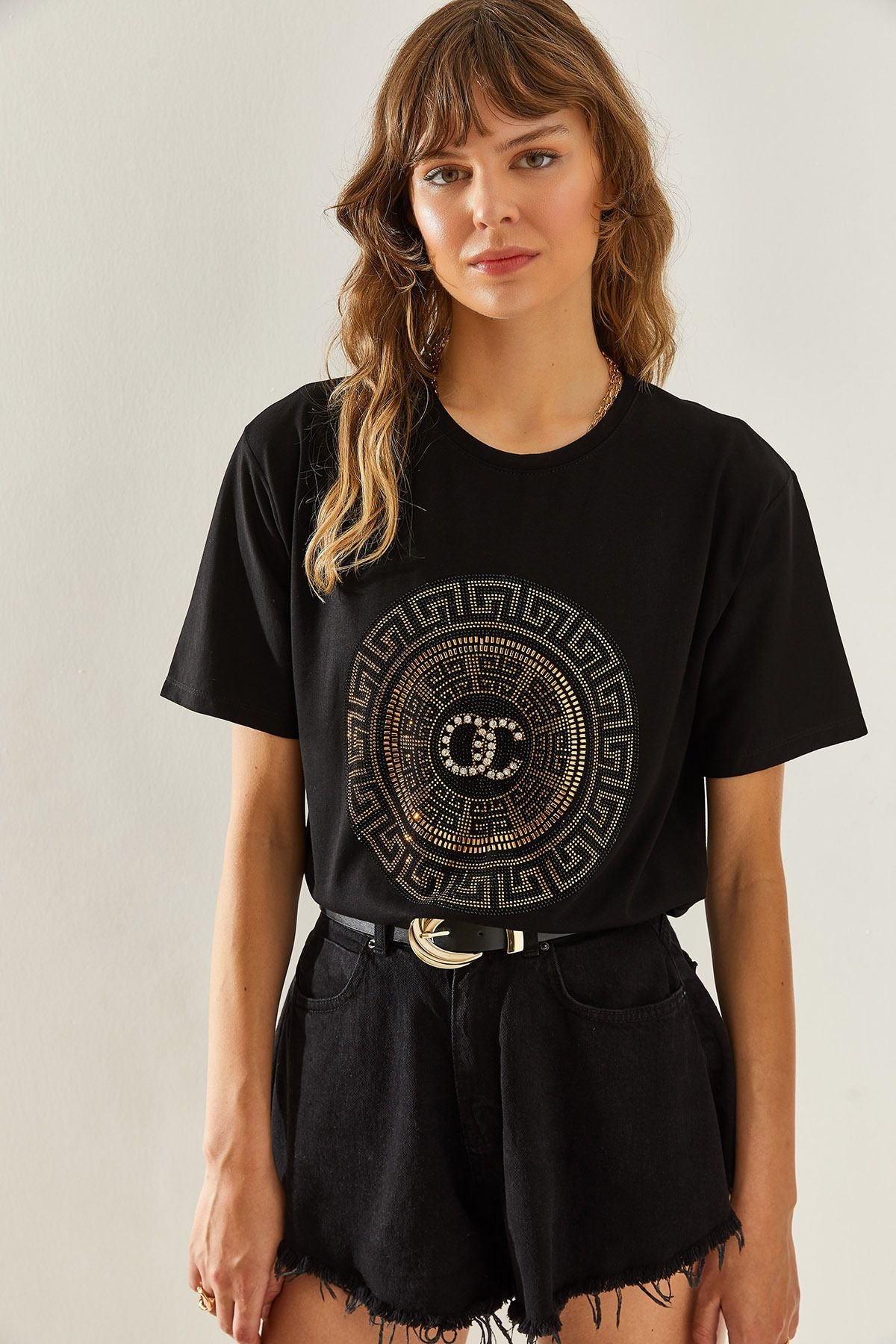 Female Bicycle Collar Stone Detail Basic Combed T-Shirt 60251238