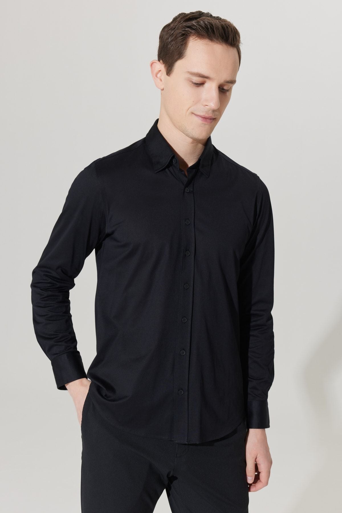 Men's Black Slim Fit Narrow Cut Hidden button collar 100 %cotton shirt