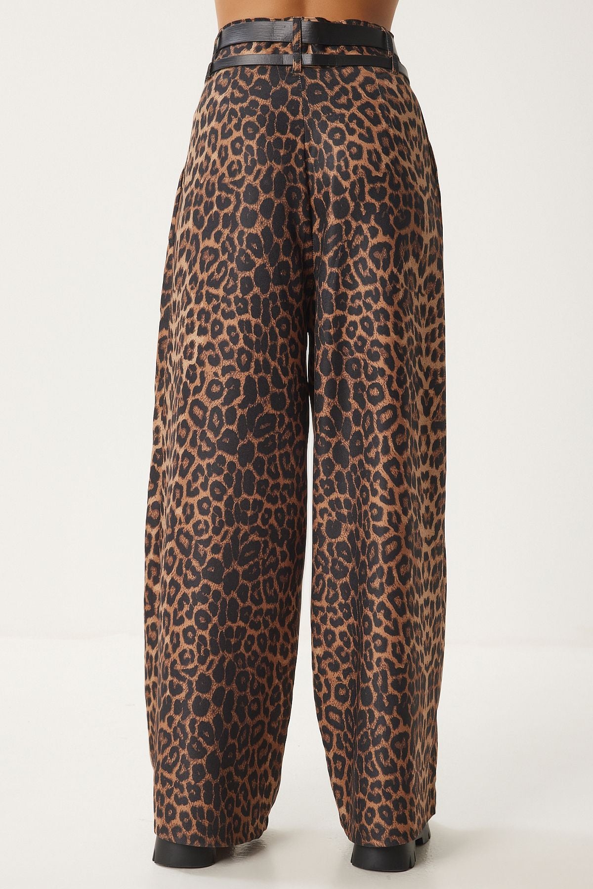 Woman Camel Black Leopard Patterned Double Belt Culatte Culatte Pants FN03412