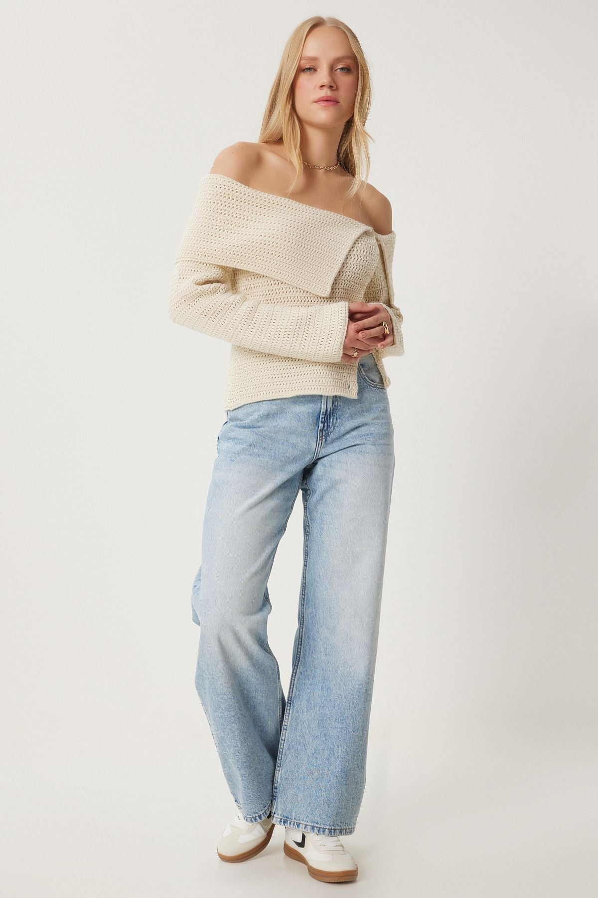 Female beige button low carmen collar knitwear blouse FN03377