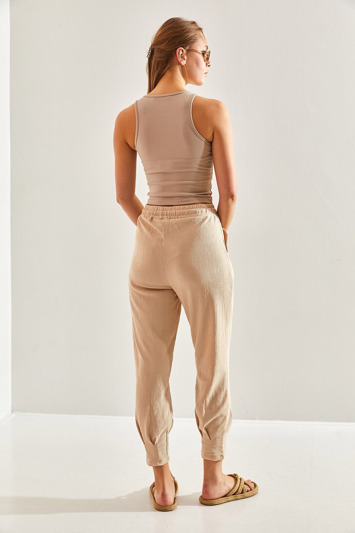 Women's waist rubber cowpea fabric pants 60171018