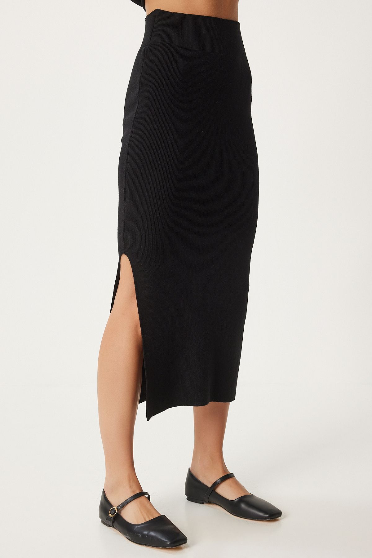 Female black single shoulder blouse knitwear skirt set FN03355