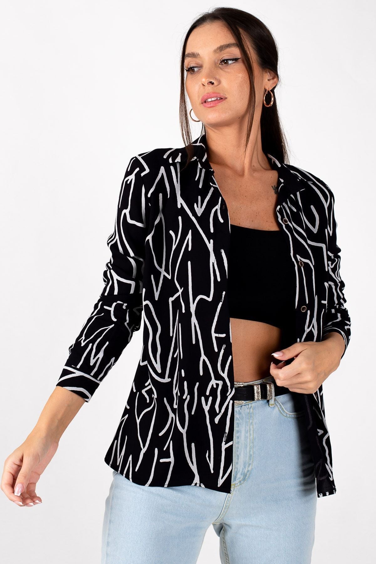 Women's Gray Line Pattern Long Sleeve Shirt ARM-20Y001002