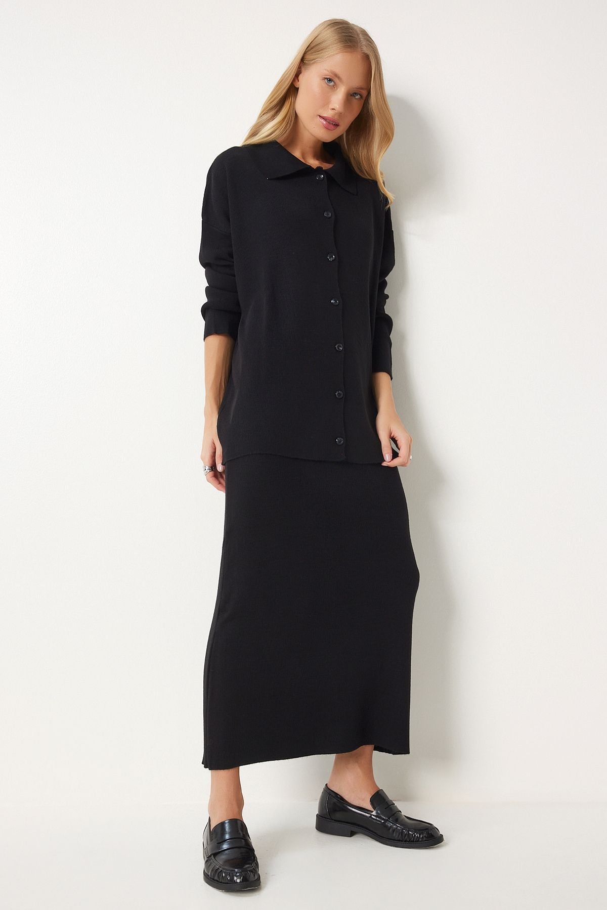 WOMEN BLACK Polo Yaka knitwear cardigan skirt set PF00090