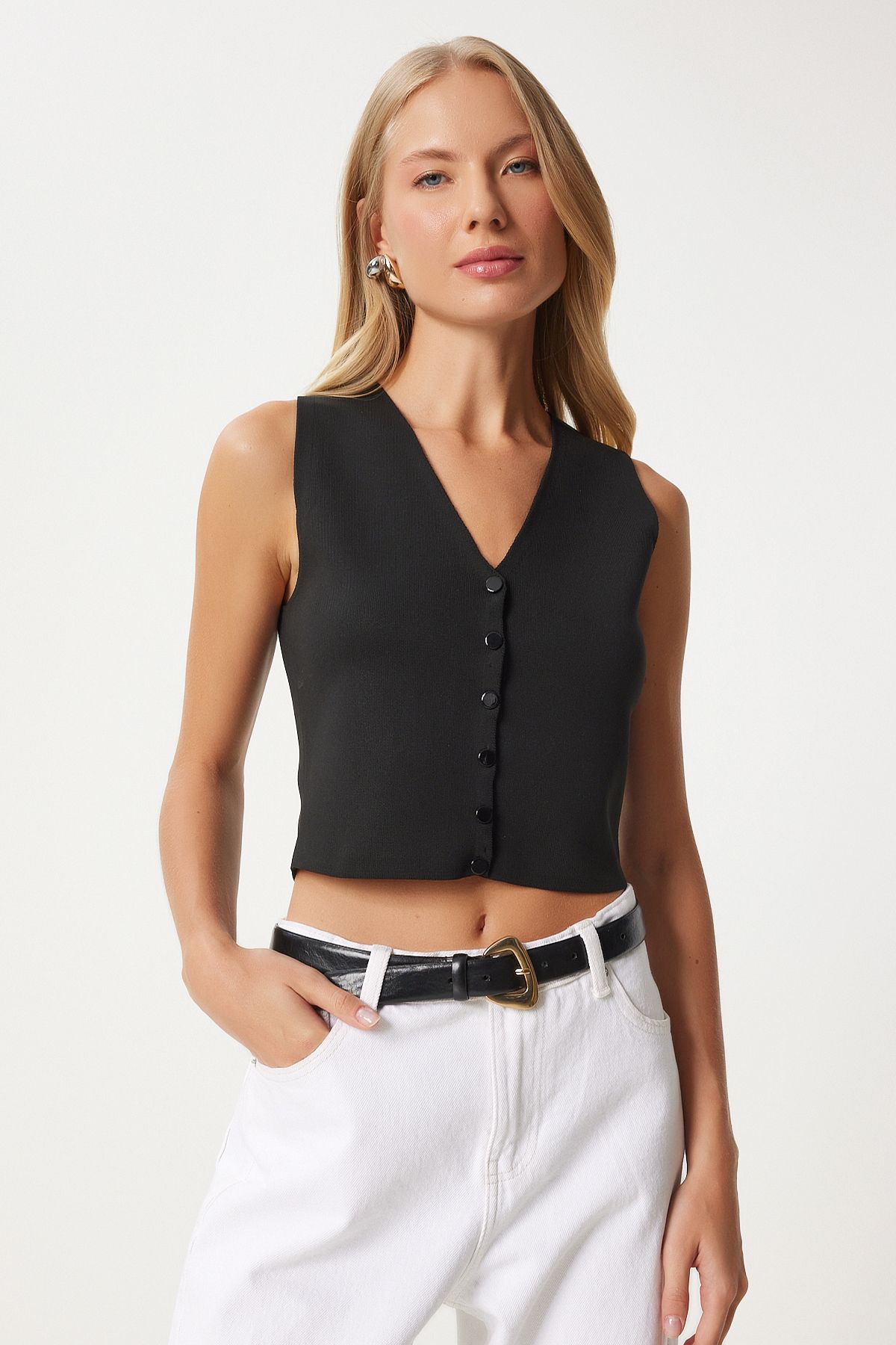 Female black V -neck knitwear vest PF00087