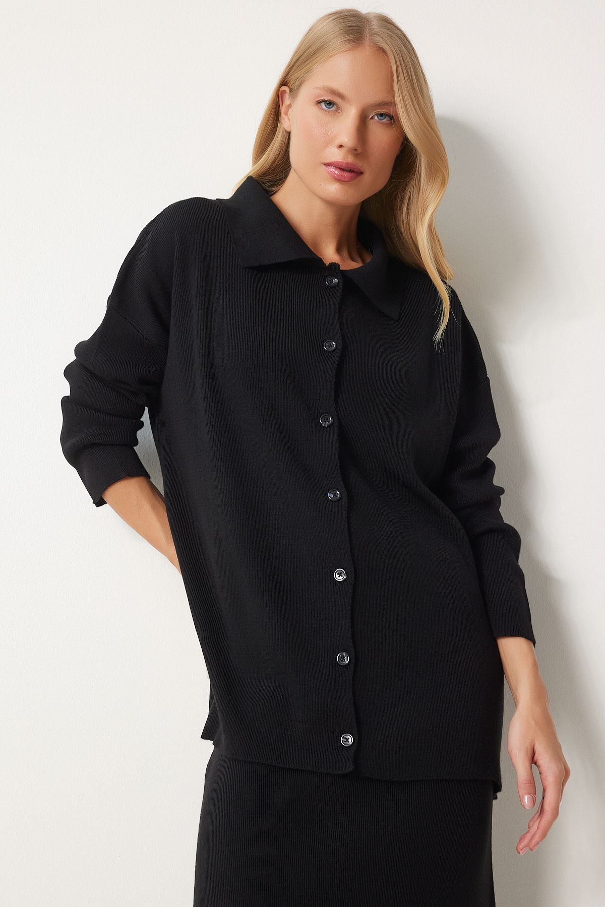 WOMEN BLACK Polo Yaka knitwear cardigan skirt set PF00090