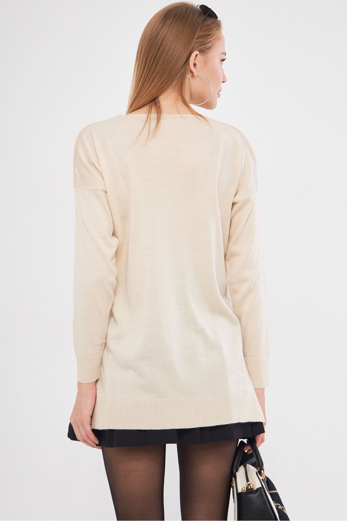 Female Beige V Yaka front short back long knitwear sweater ARM-22Y012013