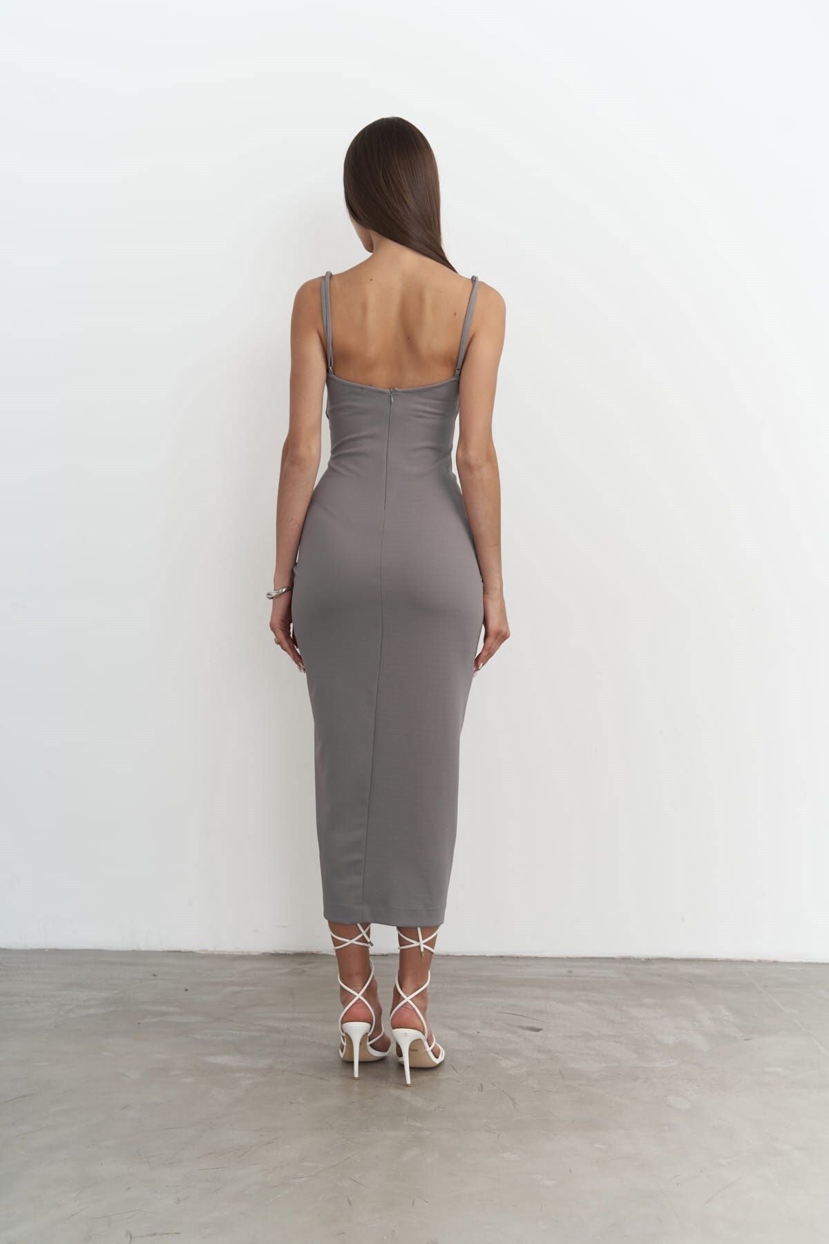 Custom front shirred gray midi size dress