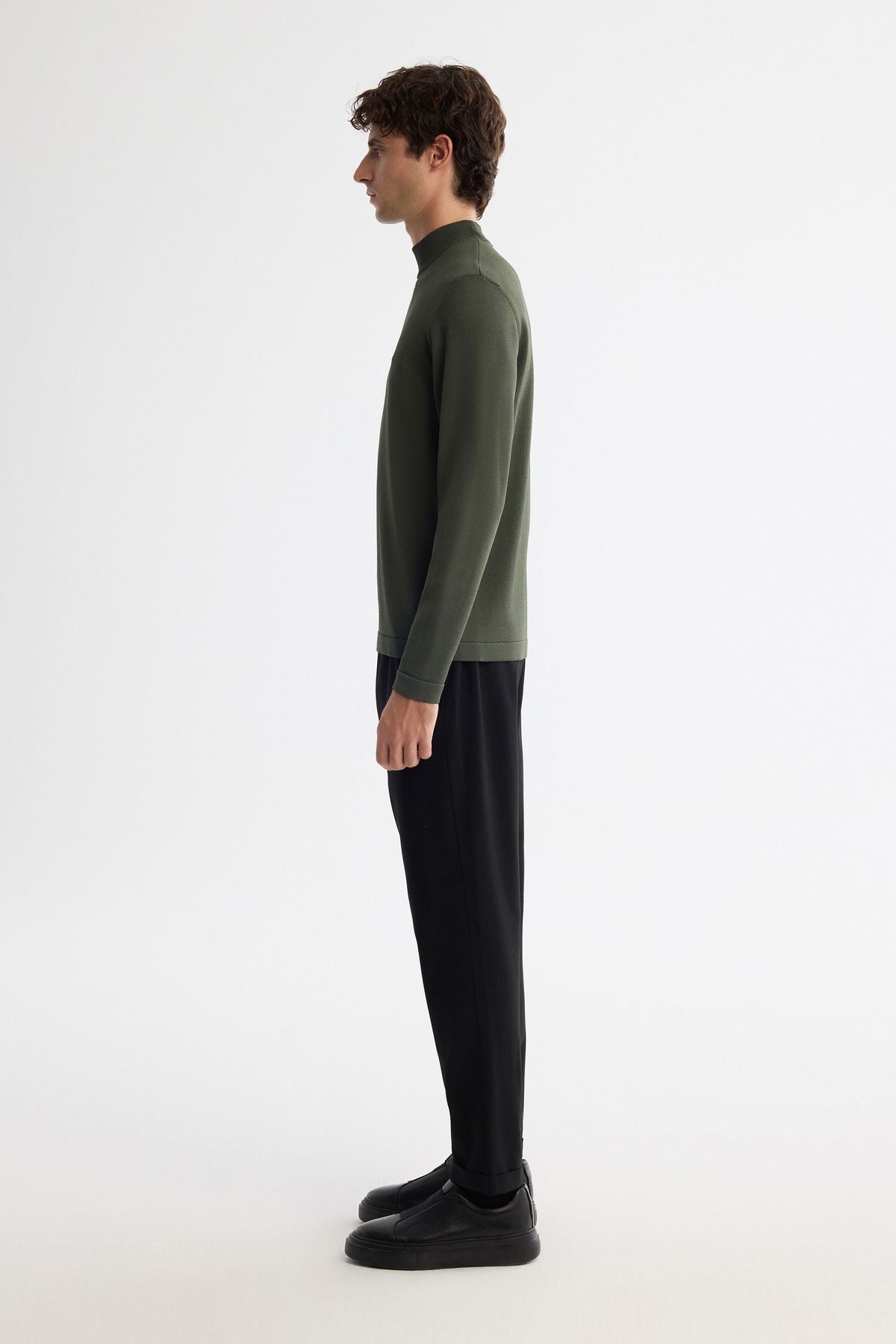Male Khaki Half Fisherman Neck Rayon Triko Sweater A42y5100