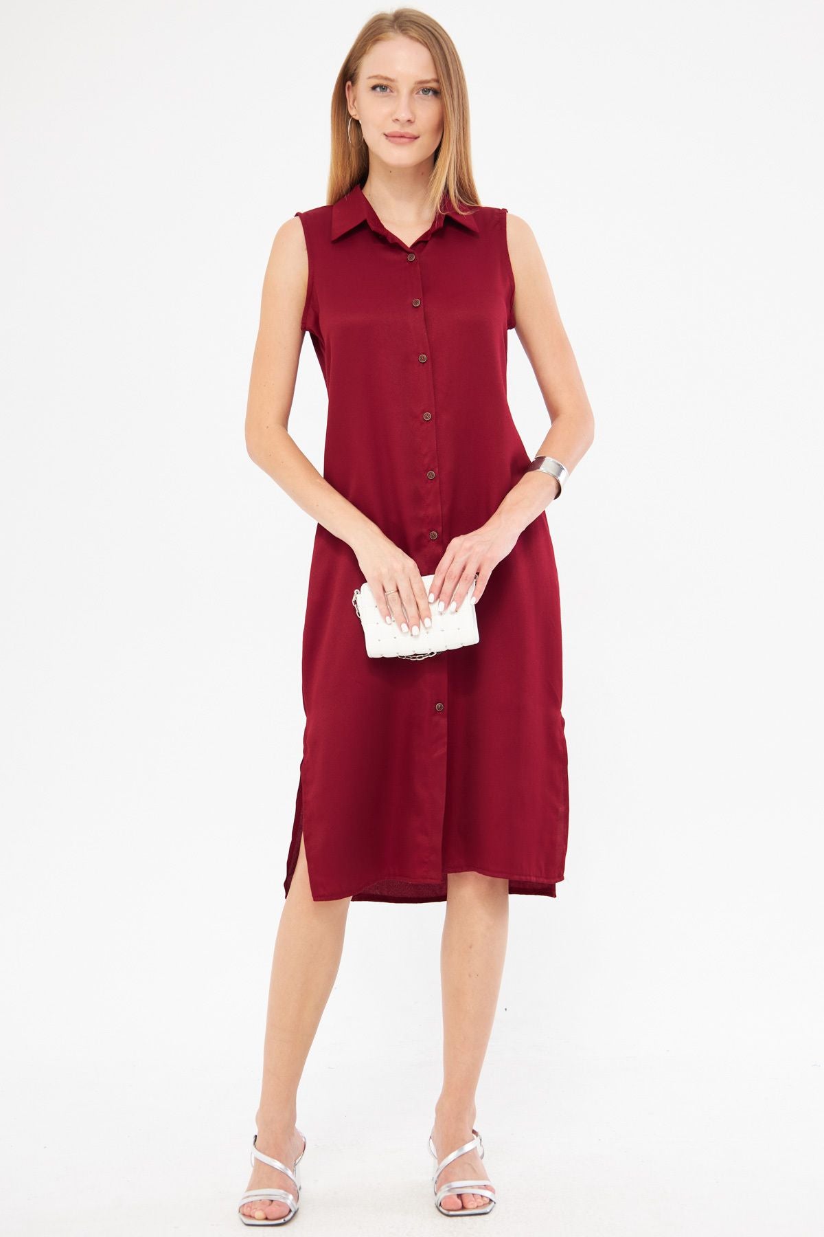 Female burgundy collar buttoned dress ARM-17Y00028