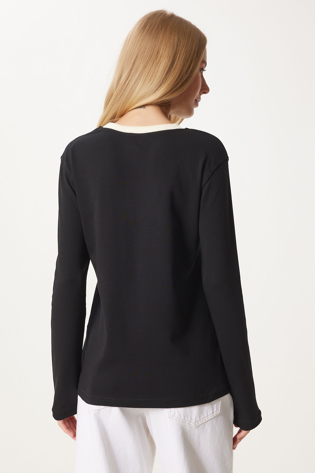 Female black contrast color collar cotton knitted basic blouse NJ00157