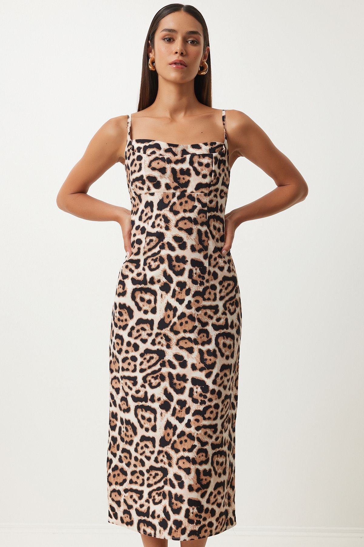 Kadın Siyah Bej Leopar Desenli Askılı Midi Elbise KJ00013
