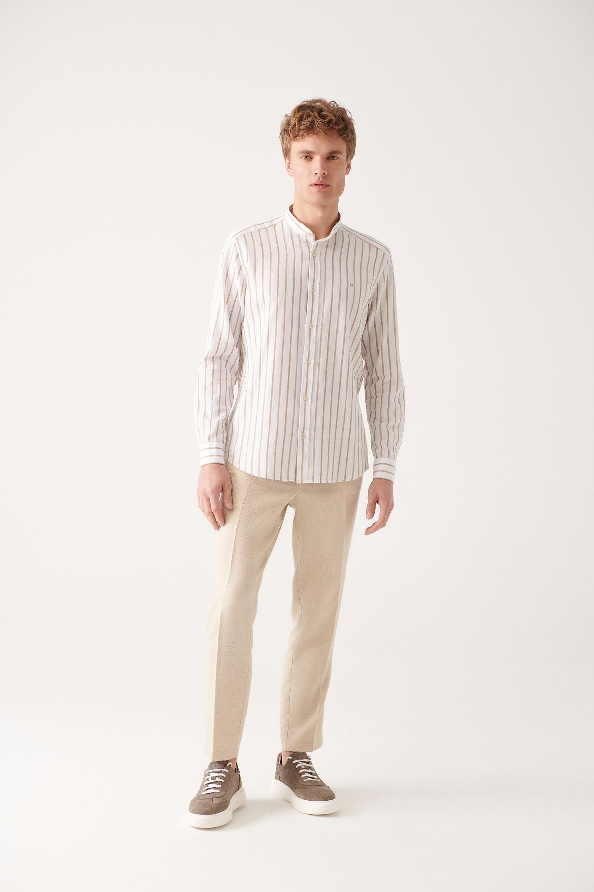 Men's Beige Dominated Cake Striped Cotton Shirt with Linen A31Y2076