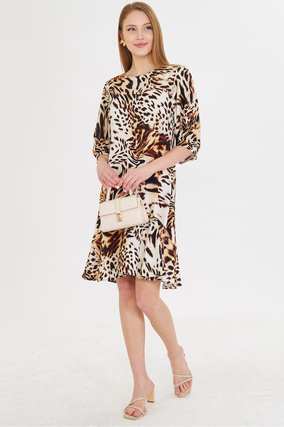 Female Beige Zero Yaka Quarter Sleeve Skirt Volan Dress ARM-25Y001007