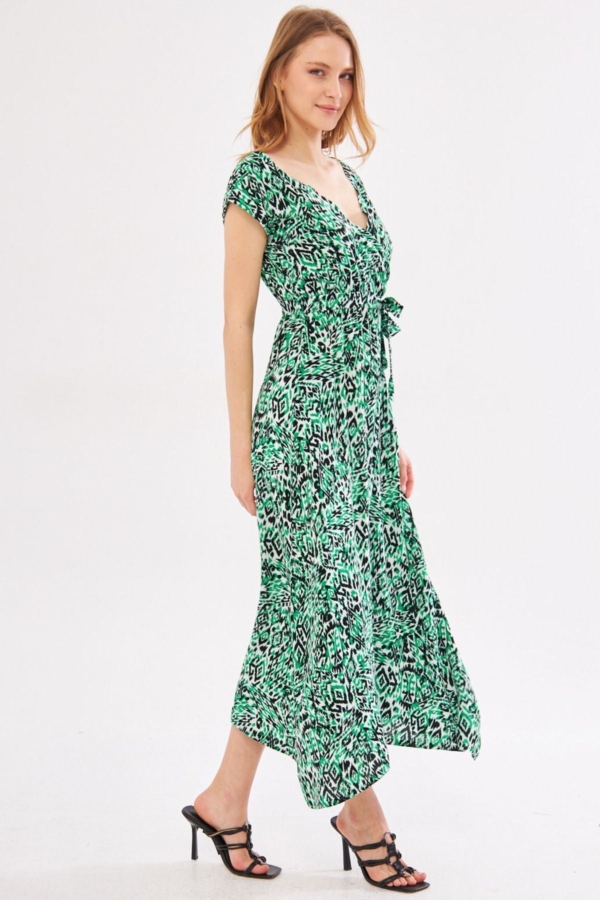 Female Green Efta Dress Rear and Front Cyprus Belled Belly Patterned Midi Boy ARM-24Y001027