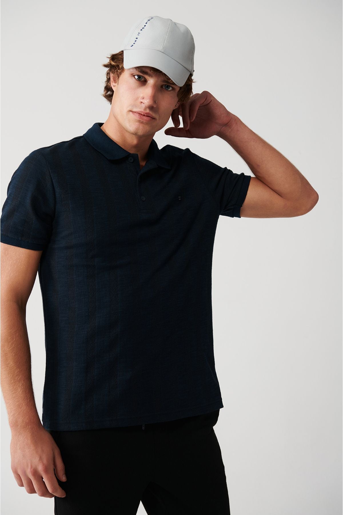 Men's navy blue cotton riban Polo Yaka T-shirt A31y1192