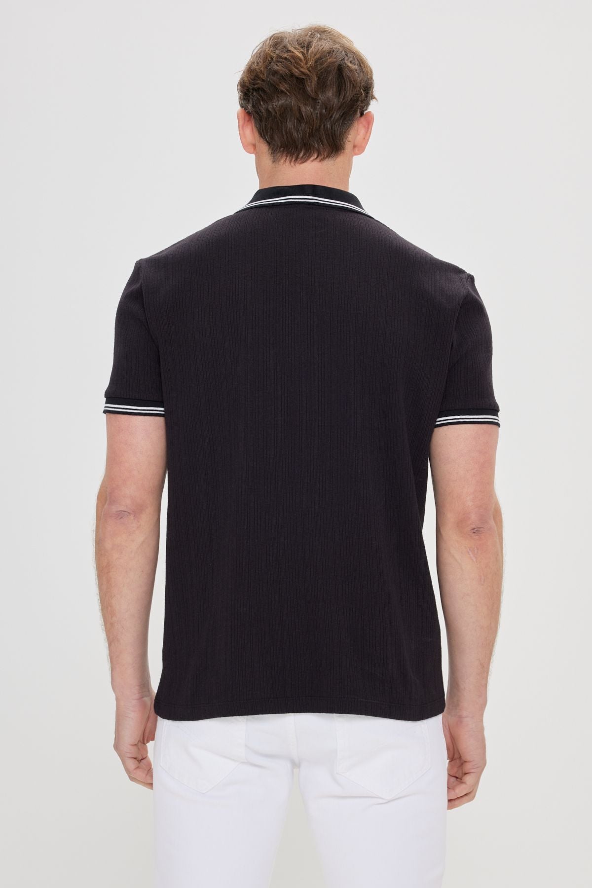 Men's Black Standard Fit Normal Cutter Cotton striped Polo Yaka T -shirt