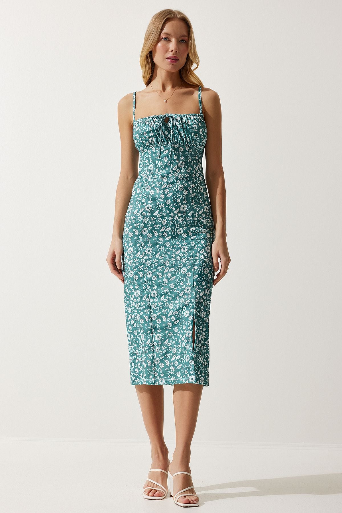WOMEN'S WATER GREEN FLOWER SWEED SUMMER Knitting Dress CI00029