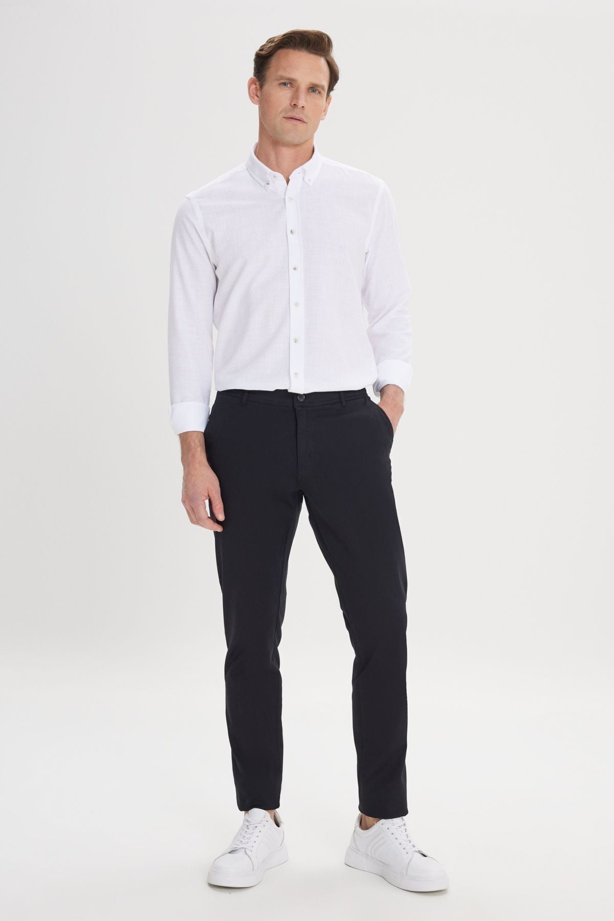 Men's black canvas slim fit narrow cut side mobile chino pants