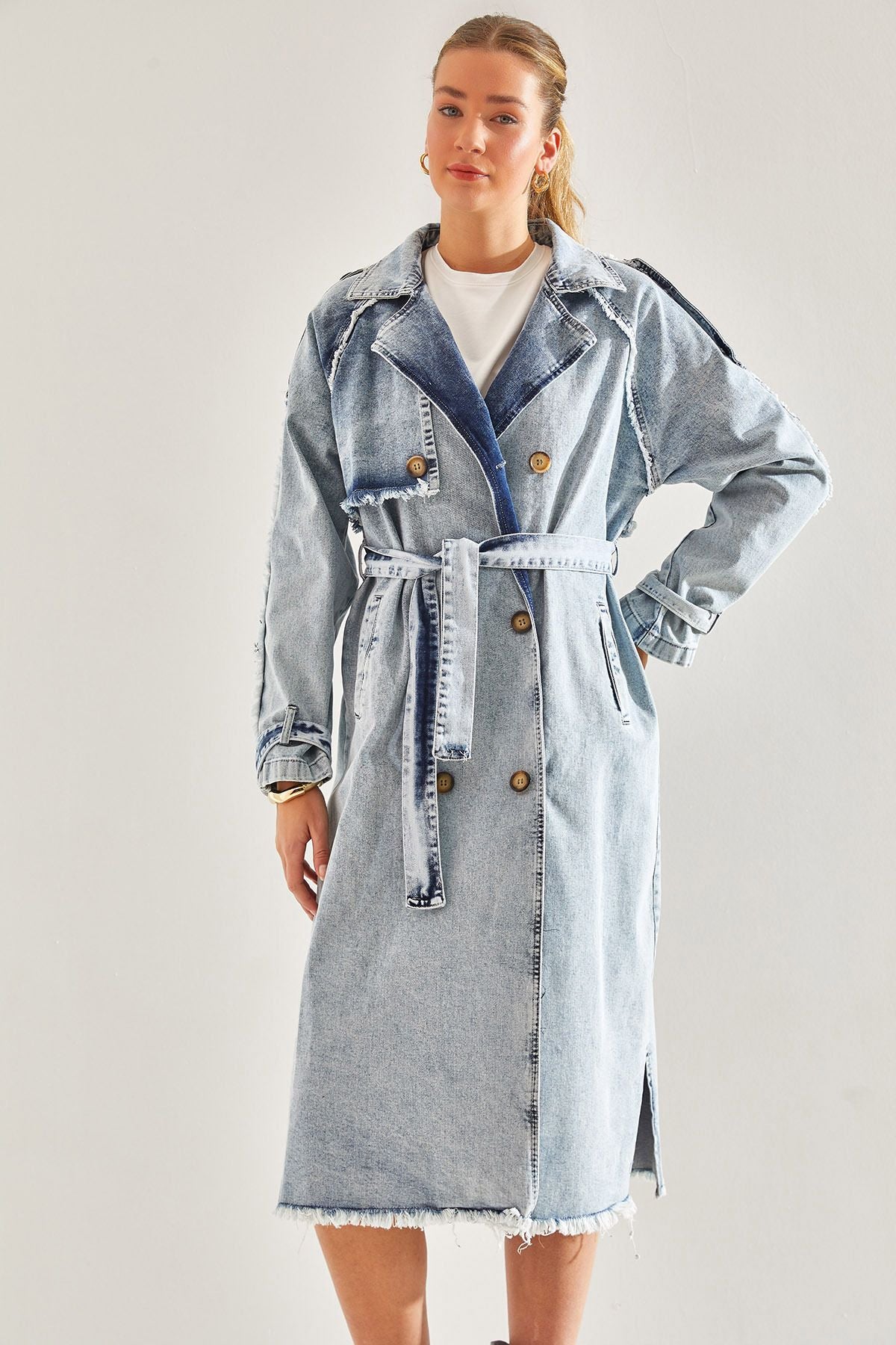 WOMEN'S APOLICED BEDED Jeans Trench Coat 60181038