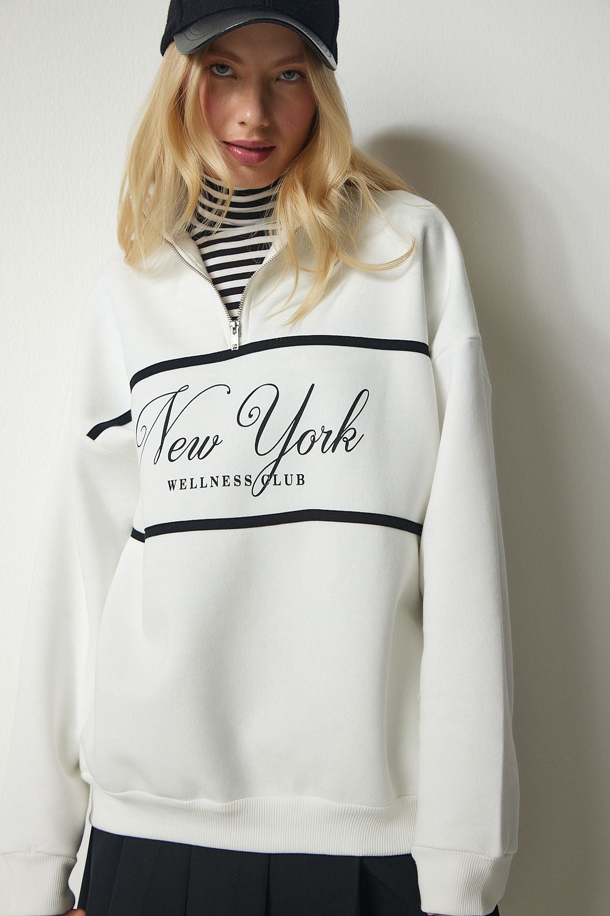 WOMEN ECRU Zippered Neck Printed Sweatshirt UB00168