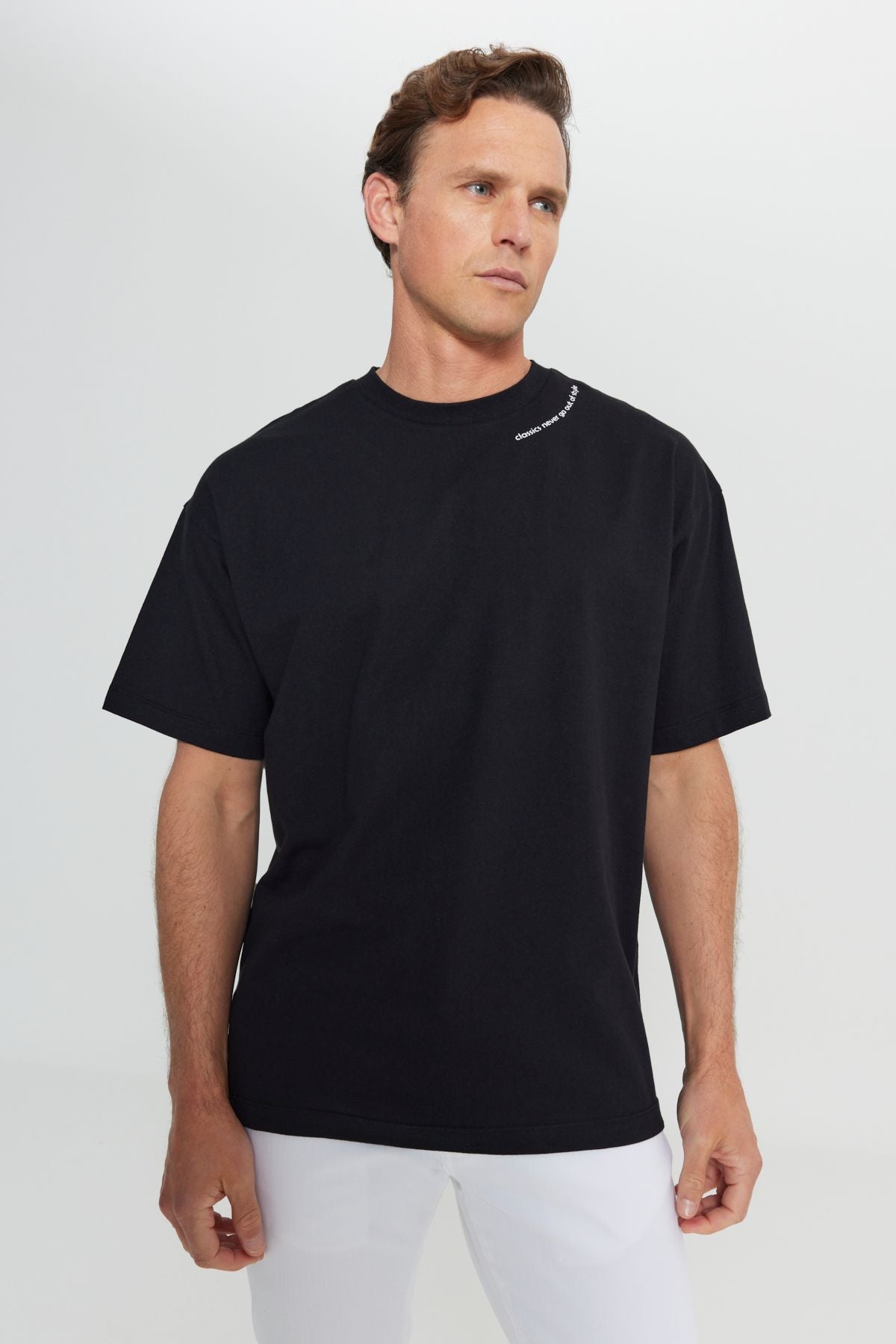 Men's black 100 %cotton overlooking fit comfortable cut bike collar printed T -shirt