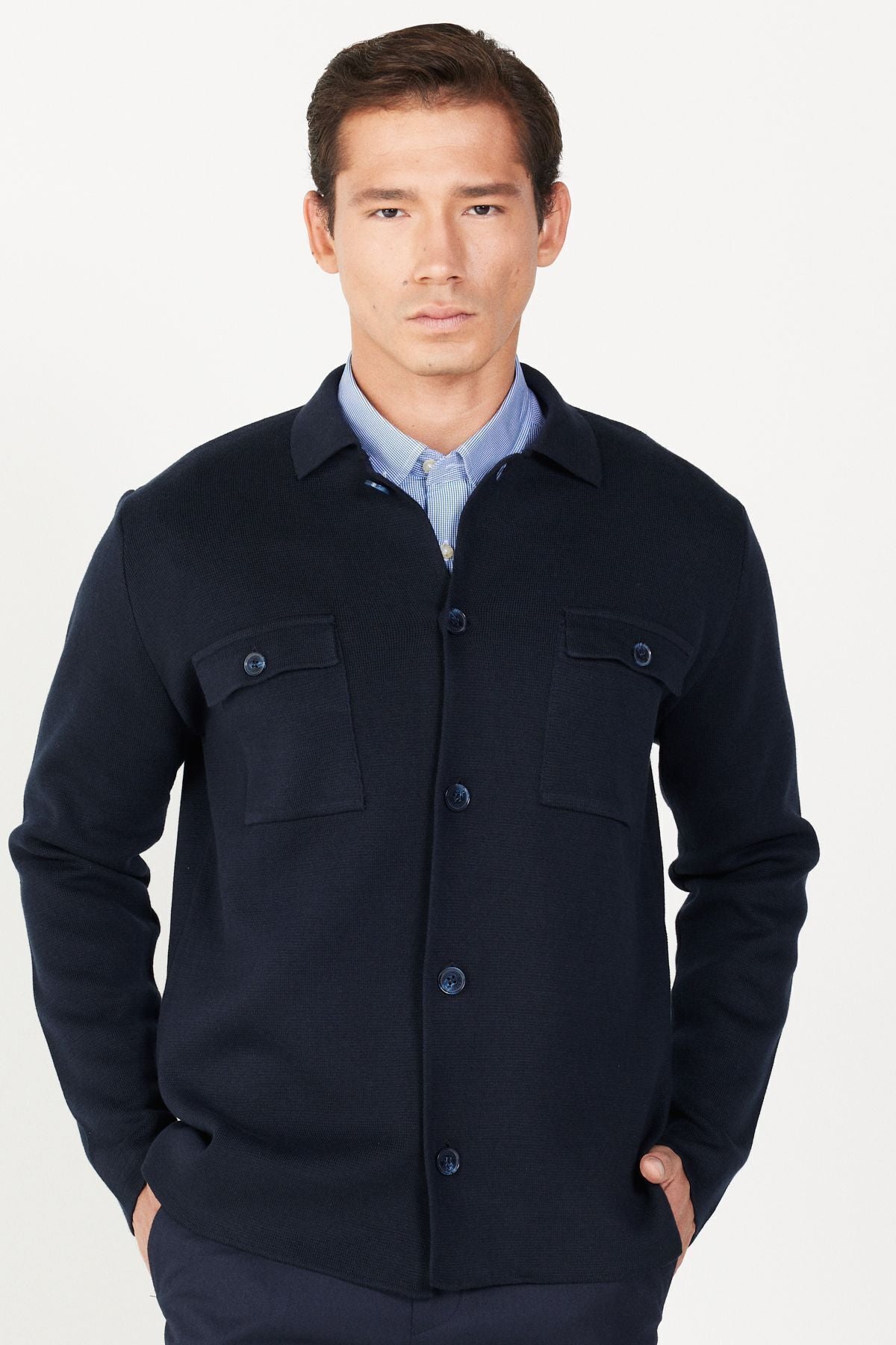 Men's Navy Blue Standard Fit Normal Cutting Buttoned Cotton Knitwear Jacket