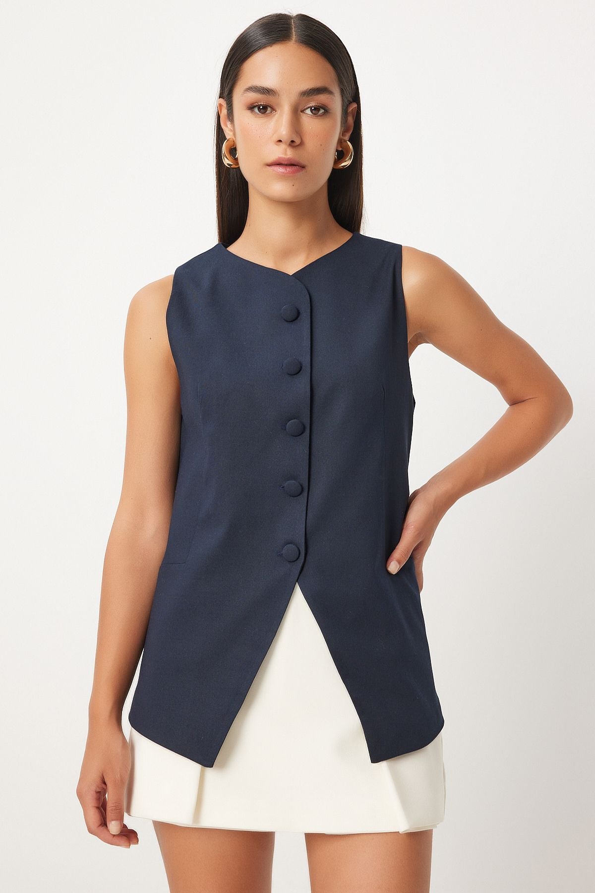 Woman Navy blue sleeveless weaving vest to00147