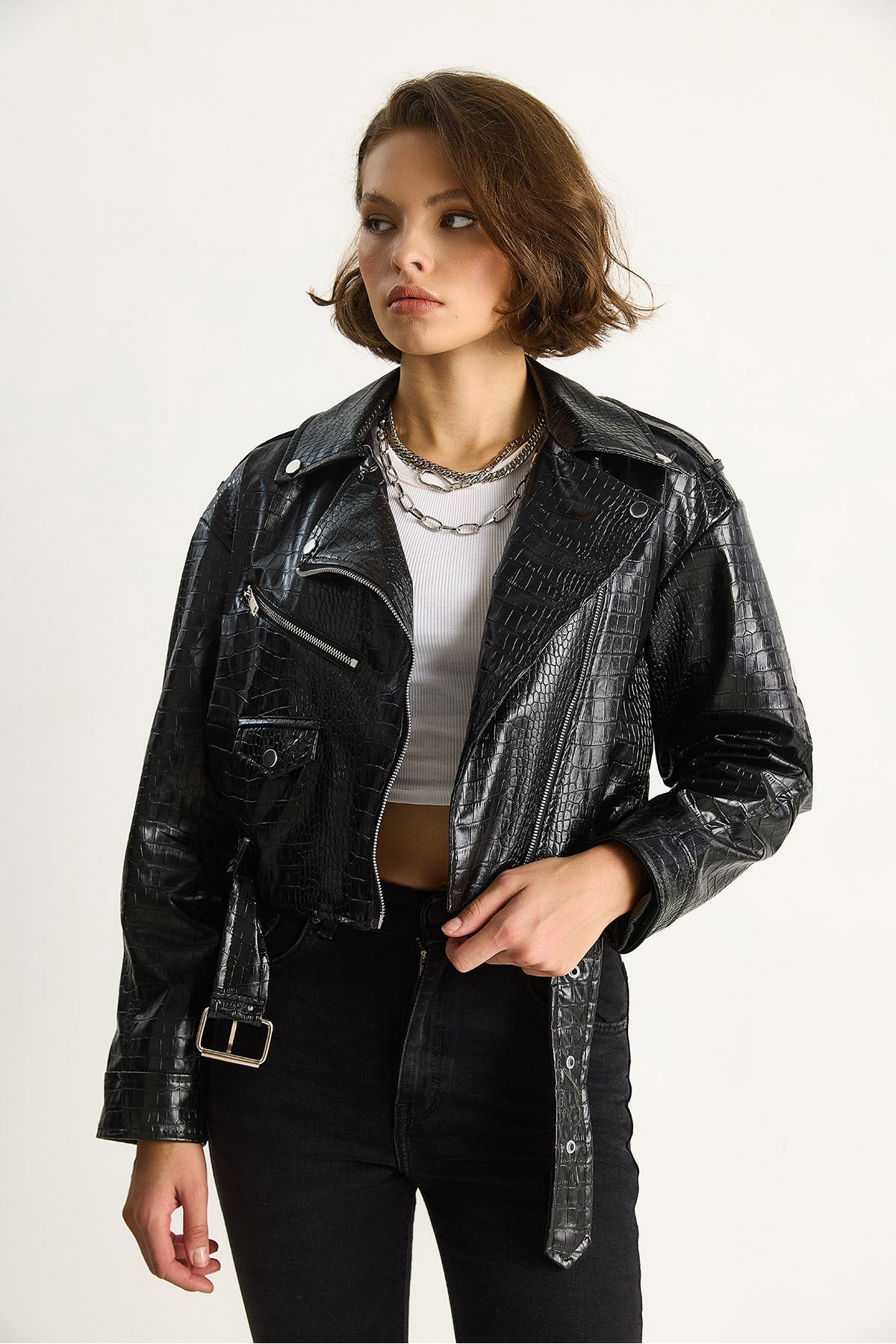 Women's Belted Crocodile Crop Faux Leather Jacket 3131 60284105