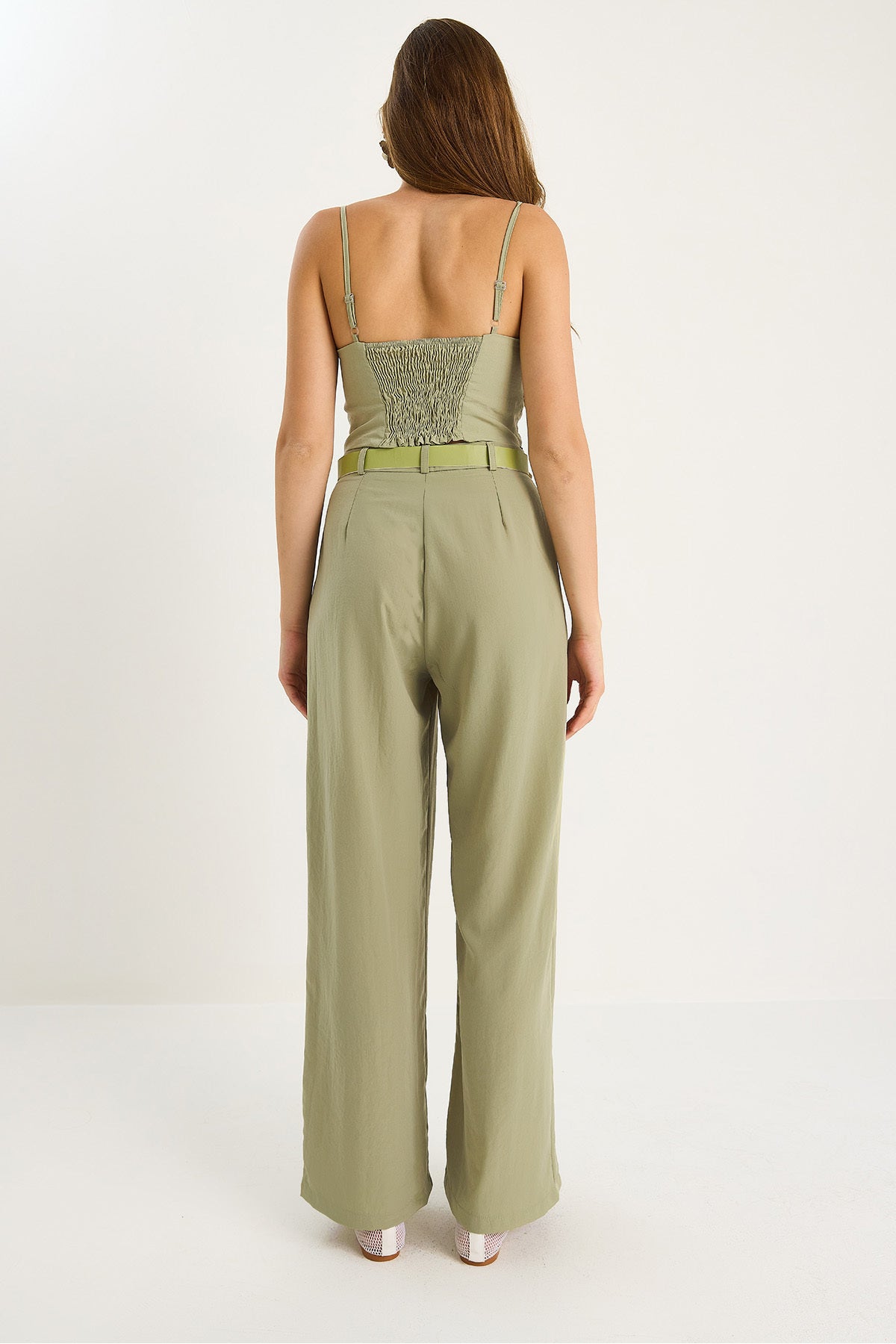 Women's Thin Strap Gipe Detailed Crop Blouse with Belt Pocket Loose Trousers Set 9379 60281104