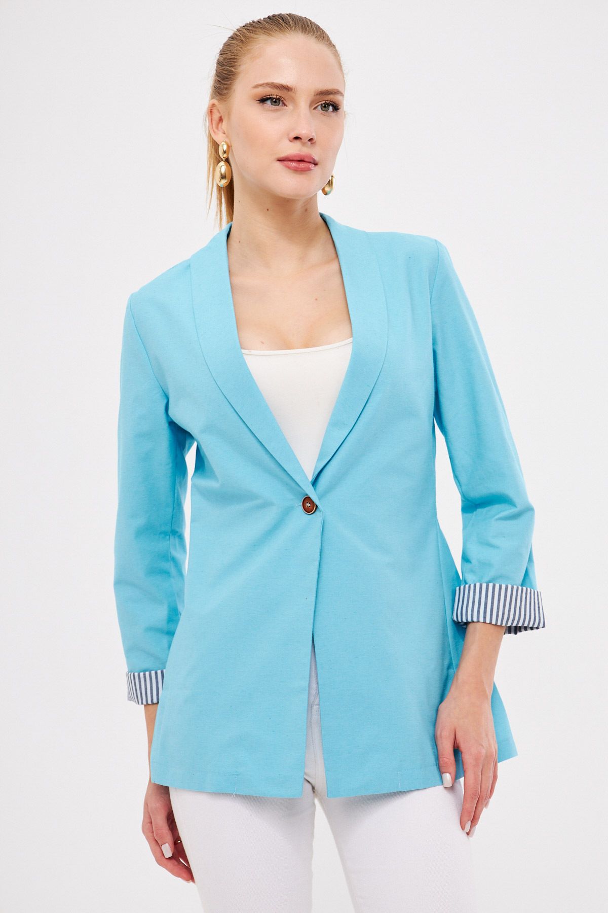 Woman Open Turquoise Sleeve In intra-button with single button jacket ARM-22K001122