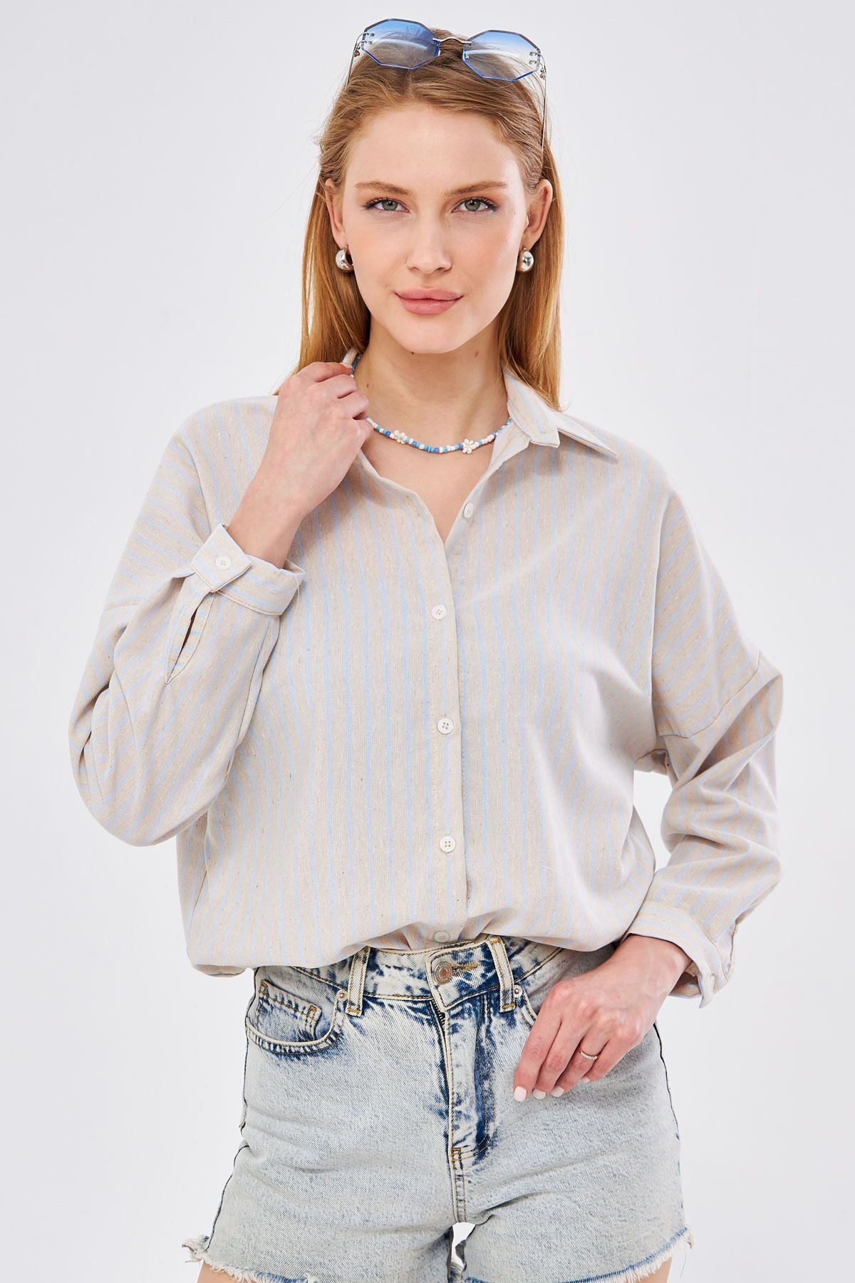 Woman Light Blue Striped Oversize Long Basic Shirt ARM-24K001061