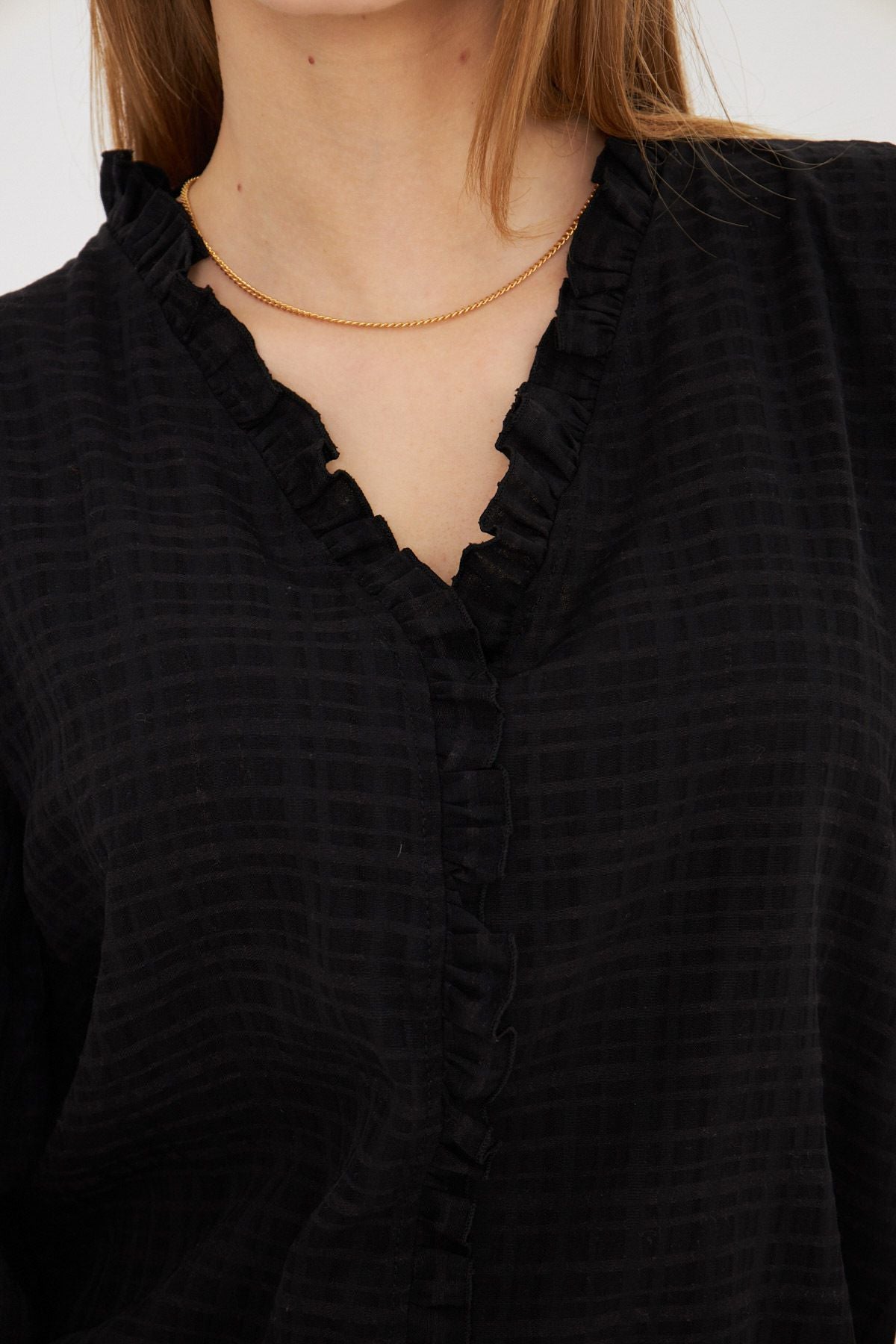 Female Black Side and Ruffle Detailed Arms with Tire Long Sleeve Blouse ARM-25K001030