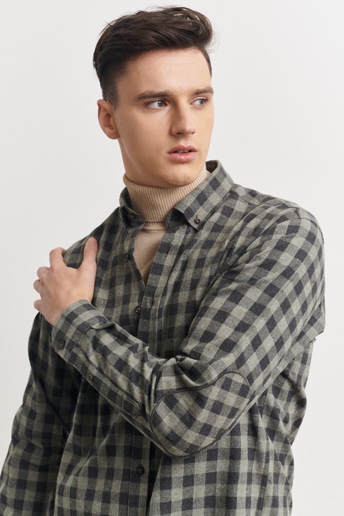 Men's anthracite-green comfort fit comfortable cut buttoned collar checkered flannel lumberjack shirt