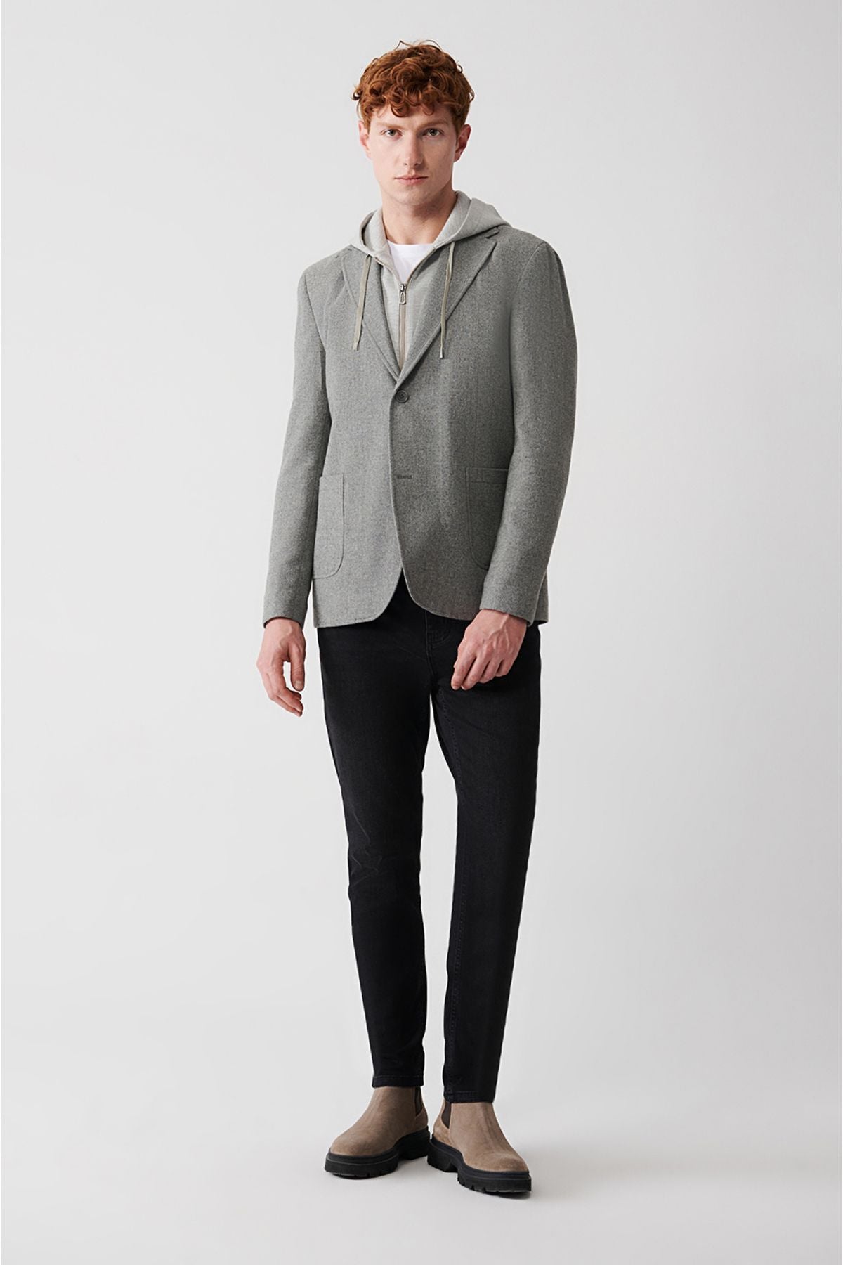 Men's gray removable hooded woolen jacket A32y4017