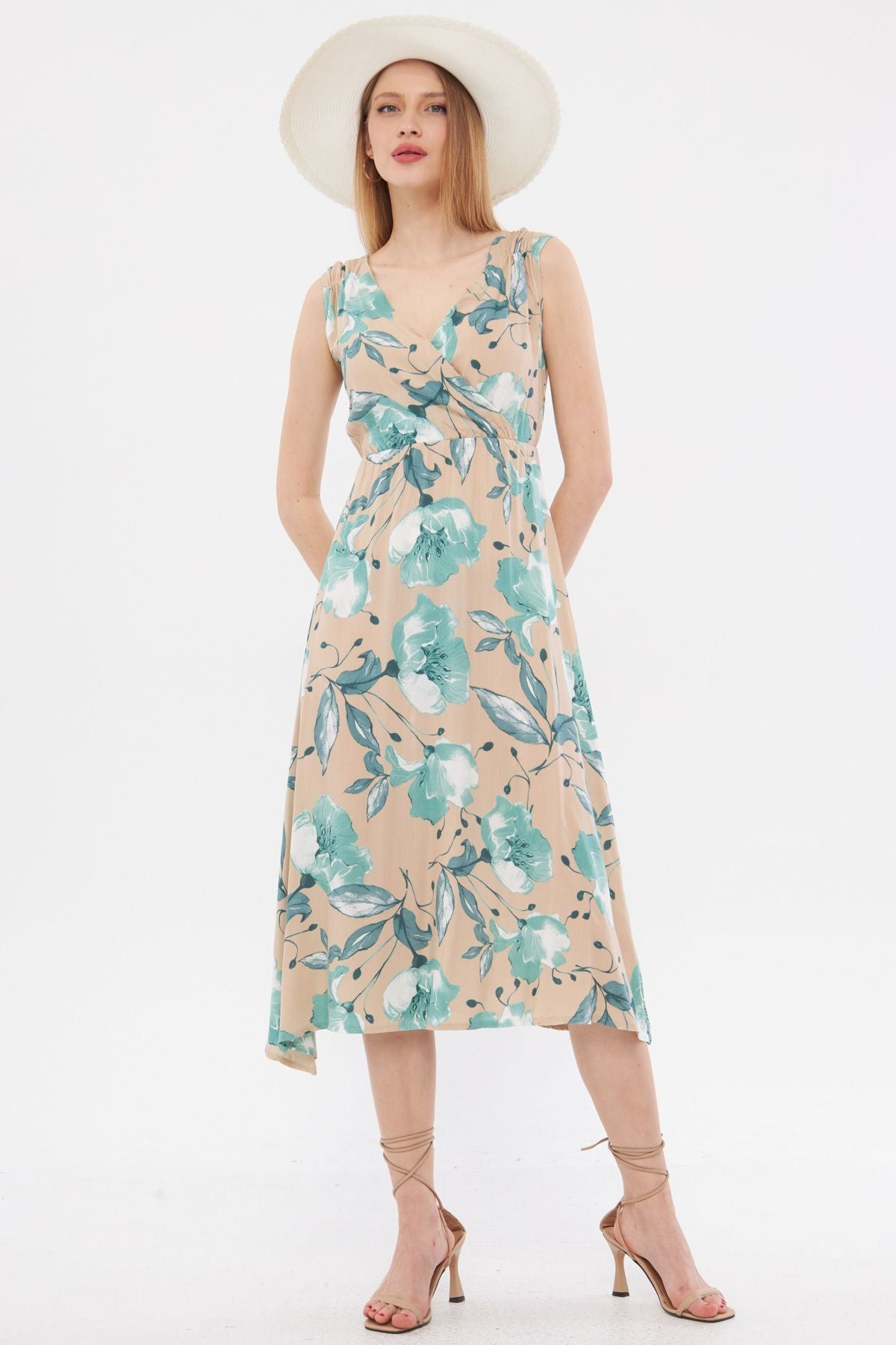 Female Beige Patterned Waist and Shooter Cruve Cruve Midi Boy Dress ARM-24Y001052